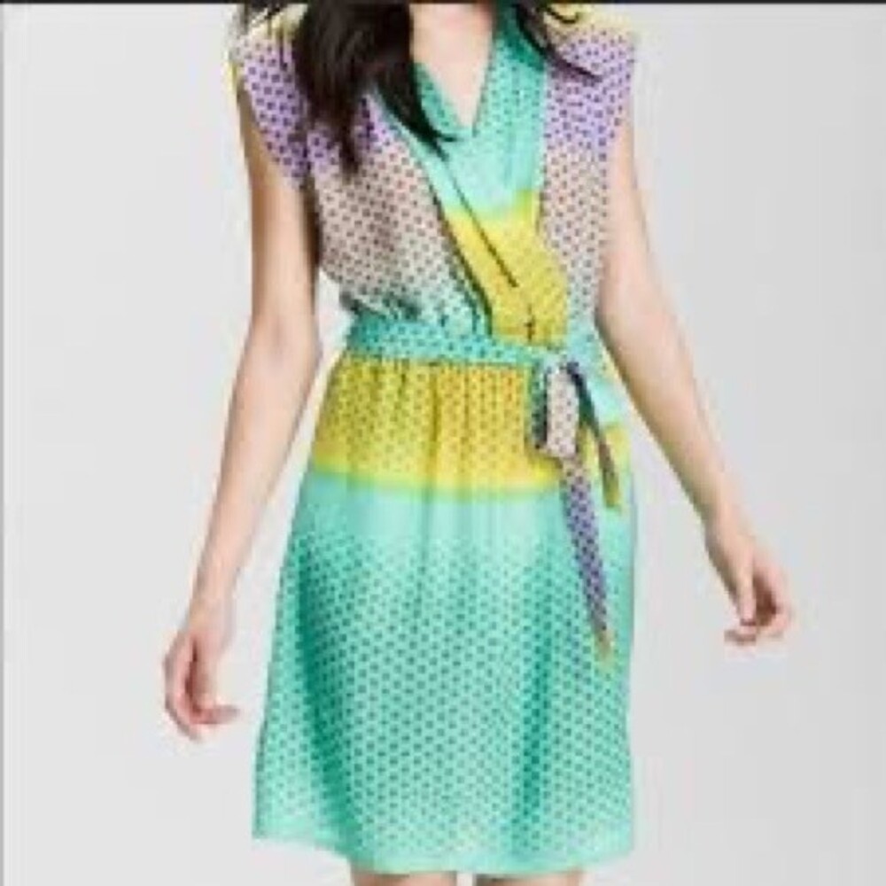 Presley Skye Polka Dot Ombre Silk Surplice V Neck Dress Tie Belt With Pockets L